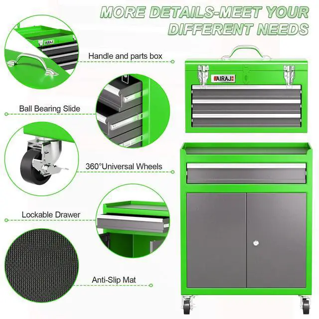 Alt view image 4 of 6 - Tool Chest 4 Drawer,Large Rolling Tool Chest with Wheels,Detachable Top Tool Box,Metal Rolling Tool Box with Wheels for Garage Workshop,Green