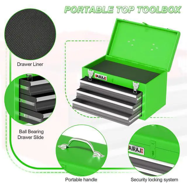Alt view image 5 of 6 - Tool Chest 4 Drawer,Large Rolling Tool Chest with Wheels,Detachable Top Tool Box,Metal Rolling Tool Box with Wheels for Garage Workshop,Green