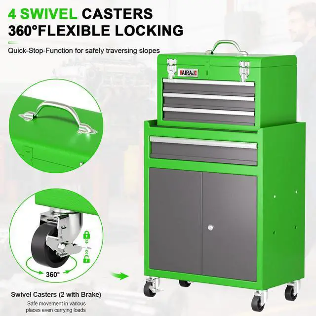 Alt view image 6 of 6 - Tool Chest 4 Drawer,Large Rolling Tool Chest with Wheels,Detachable Top Tool Box,Metal Rolling Tool Box with Wheels for Garage Workshop,Green