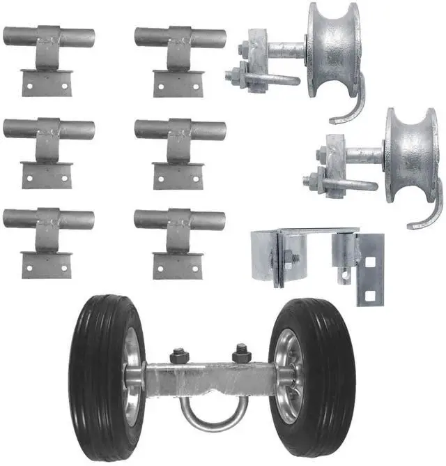 Main image of 6" CHAIN LINK WALL MOUNTED ROLLING GATE HARDWARE KIT: (Chain Link Fence Gate Parts) (6" Rut Runner, 2 Track Wheels, 6 Wall Mounted Track Brackets, 1 Rolo Latch)