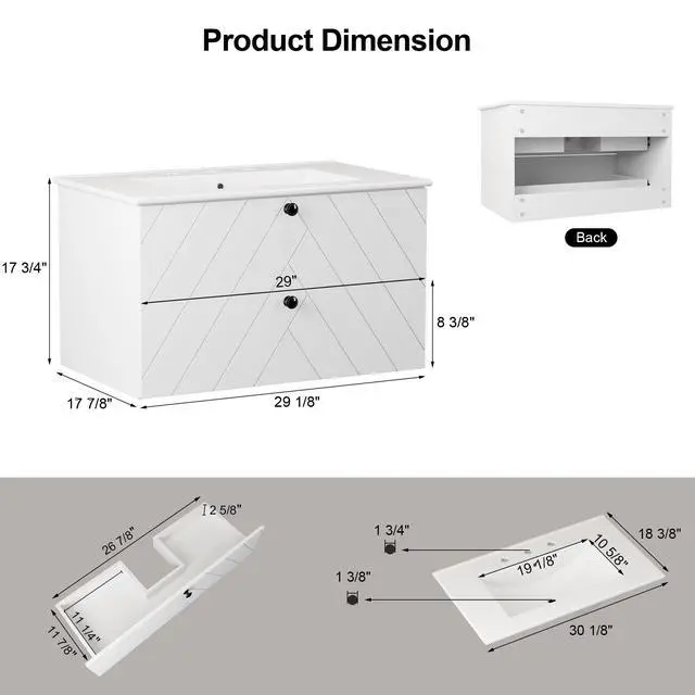 Alt view image 2 of 6 - 30" Floating Bathroom Vanity with Sink Combo, Modern Wall Mounted Bathroom Vanity with Sink, Bathroom Sink Cabinet with 2 Fluted Drawers, Undermount White Sink