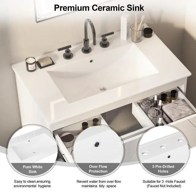 Alt view image 3 of 6 - 30" Floating Bathroom Vanity with Sink Combo, Modern Wall Mounted Bathroom Vanity with Sink, Bathroom Sink Cabinet with 2 Fluted Drawers, Undermount White Sink
