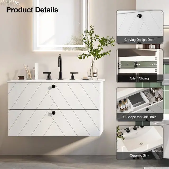 Alt view image 4 of 6 - 30" Floating Bathroom Vanity with Sink Combo, Modern Wall Mounted Bathroom Vanity with Sink, Bathroom Sink Cabinet with 2 Fluted Drawers, Undermount White Sink