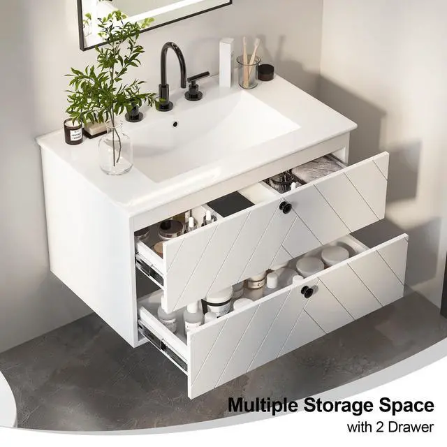 Alt view image 6 of 6 - 30" Floating Bathroom Vanity with Sink Combo, Modern Wall Mounted Bathroom Vanity with Sink, Bathroom Sink Cabinet with 2 Fluted Drawers, Undermount White Sink