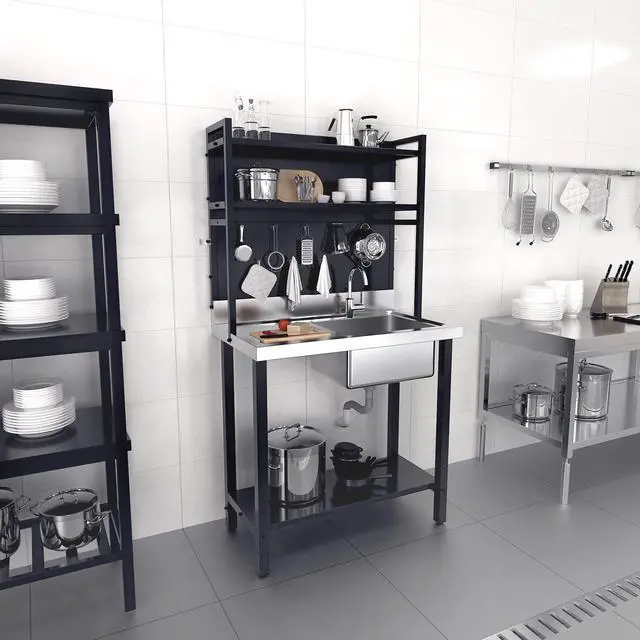 Main image of 67'' Commercial Sink with Drainboard and Adjustable Shelves Pegboard for Hanging Tools, 304 Stainless Steel Table Freestanding Utility Counter Restaurant, Garage Silver & Black 1