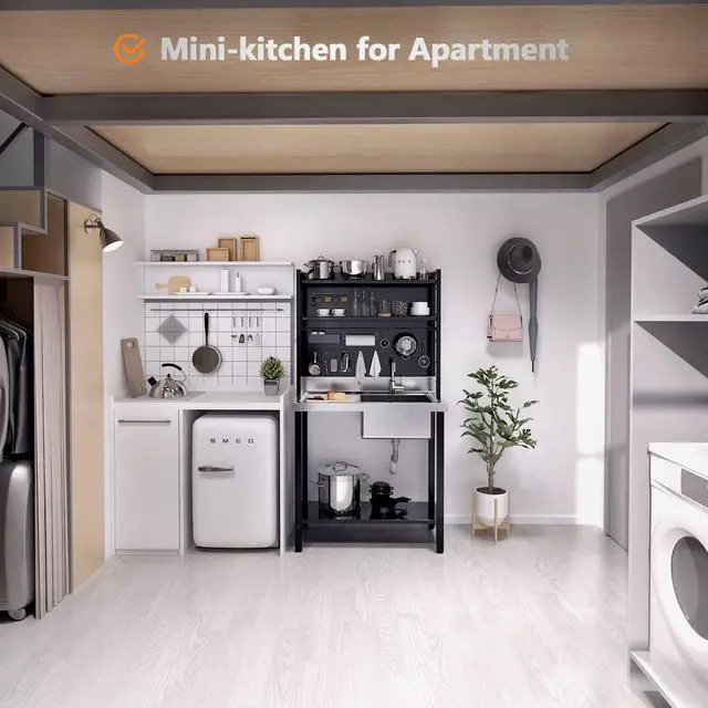 Alt view image 2 of 6 - 67'' Commercial Sink with Drainboard and Adjustable Shelves Pegboard for Hanging Tools, 304 Stainless Steel Table Freestanding Utility Counter Restaurant, Garage Silver & Black 1