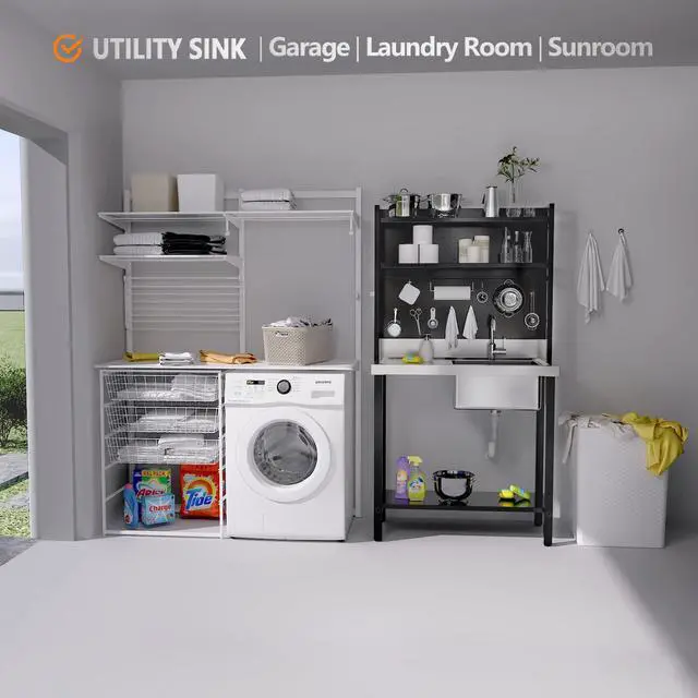 Alt view image 3 of 6 - 67'' Commercial Sink with Drainboard and Adjustable Shelves Pegboard for Hanging Tools, 304 Stainless Steel Table Freestanding Utility Counter Restaurant, Garage Silver & Black 1