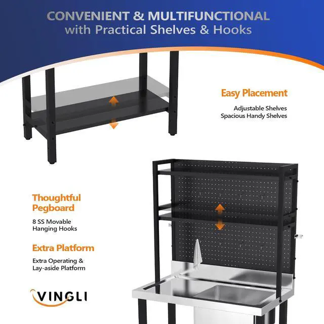 Alt view image 4 of 6 - 67'' Commercial Sink with Drainboard and Adjustable Shelves Pegboard for Hanging Tools, 304 Stainless Steel Table Freestanding Utility Counter Restaurant, Garage Silver & Black 1