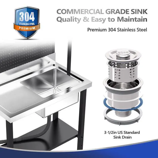 Alt view image 5 of 6 - 67'' Commercial Sink with Drainboard and Adjustable Shelves Pegboard for Hanging Tools, 304 Stainless Steel Table Freestanding Utility Counter Restaurant, Garage Silver & Black 1