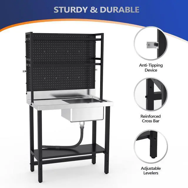Alt view image 6 of 6 - 67'' Commercial Sink with Drainboard and Adjustable Shelves Pegboard for Hanging Tools, 304 Stainless Steel Table Freestanding Utility Counter Restaurant, Garage Silver & Black 1
