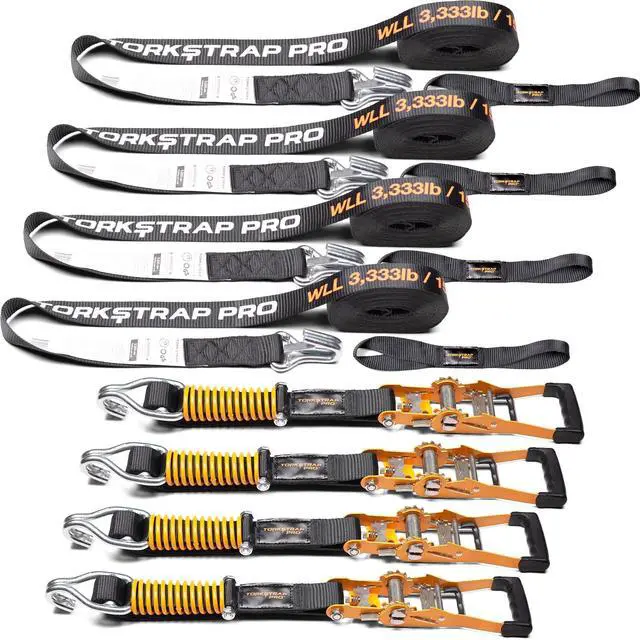 Main image of Pro 25' x 2'' Self Tensioning Ratchet Straps (10,000LB Break Strength) - Adjusts to Load Shifts - Heavy Duty & Industrial Use - Extra Soft Loops - Heavy UTV, Cargo, ATV, Trucks (4-Pack)