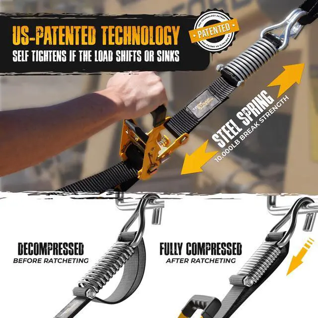 Alt view image 3 of 6 - Pro 25' x 2'' Self Tensioning Ratchet Straps (10,000LB Break Strength) - Adjusts to Load Shifts - Heavy Duty & Industrial Use - Extra Soft Loops - Heavy UTV, Cargo, ATV, Trucks (4-Pack)