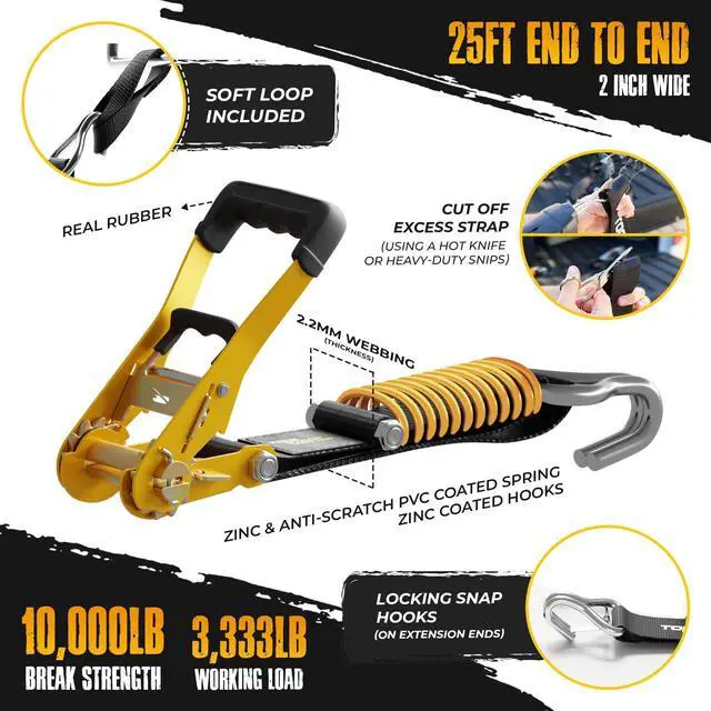 Alt view image 4 of 6 - Pro 25' x 2'' Self Tensioning Ratchet Straps (10,000LB Break Strength) - Adjusts to Load Shifts - Heavy Duty & Industrial Use - Extra Soft Loops - Heavy UTV, Cargo, ATV, Trucks (4-Pack)