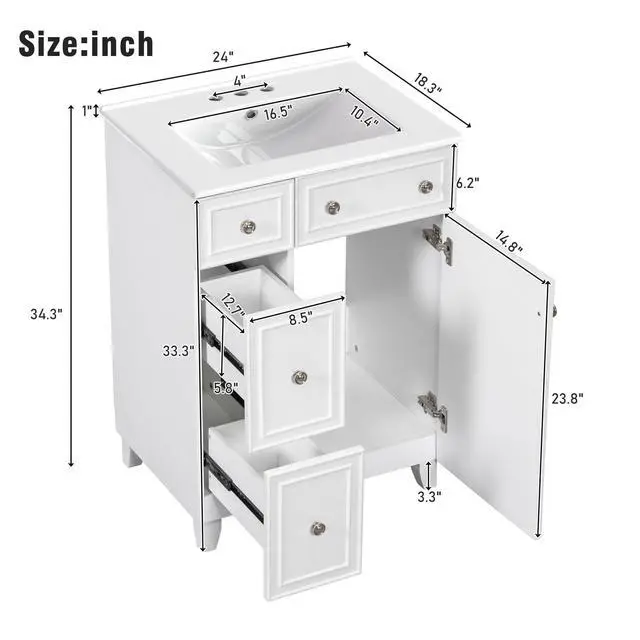 Alt view image 2 of 6 - 24-Inch Bathroom Vanity Cabinet with Ceramic Sink, 2 Drawers, 1 Door, White