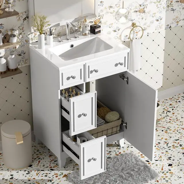 Alt view image 3 of 6 - 24-Inch Bathroom Vanity Cabinet with Ceramic Sink, 2 Drawers, 1 Door, White