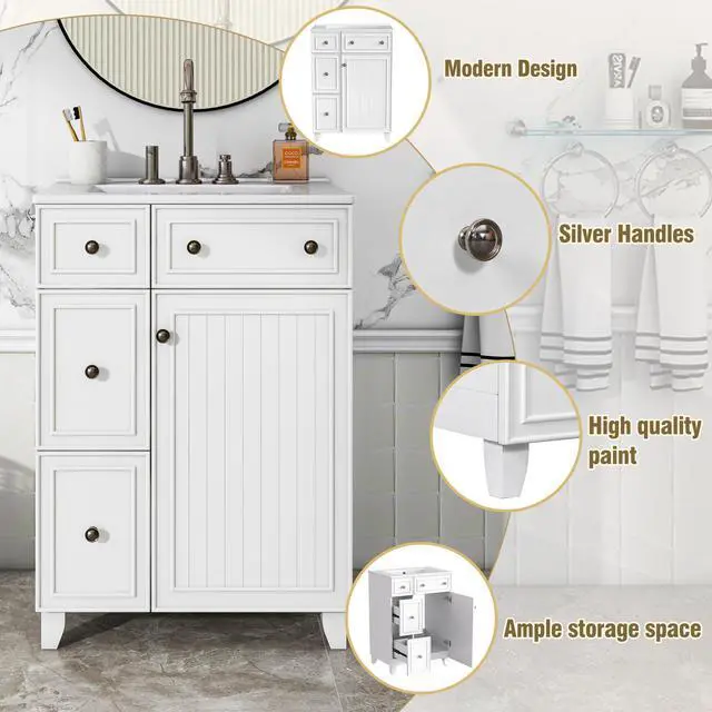 Alt view image 4 of 6 - 24-Inch Bathroom Vanity Cabinet with Ceramic Sink, 2 Drawers, 1 Door, White