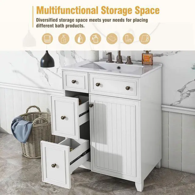 Alt view image 5 of 6 - 24-Inch Bathroom Vanity Cabinet with Ceramic Sink, 2 Drawers, 1 Door, White