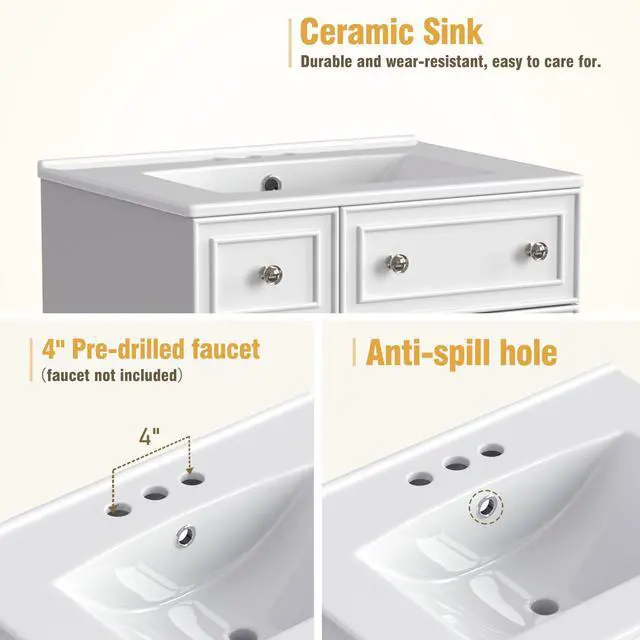 Alt view image 6 of 6 - 24-Inch Bathroom Vanity Cabinet with Ceramic Sink, 2 Drawers, 1 Door, White