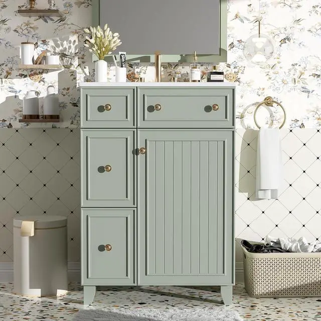 Main image of 24-Inch Bathroom Vanity Cabinet with Ceramic Sink, 2 Drawers, 1 Door, Green Color