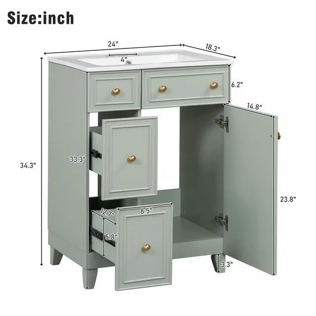 Alt view image 2 of 6 - 24-Inch Bathroom Vanity Cabinet with Ceramic Sink, 2 Drawers, 1 Door, Green Color