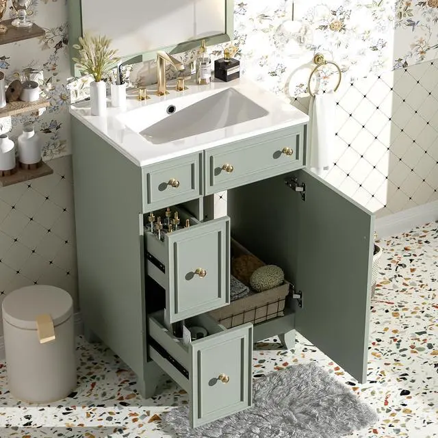 Alt view image 3 of 6 - 24-Inch Bathroom Vanity Cabinet with Ceramic Sink, 2 Drawers, 1 Door, Green Color