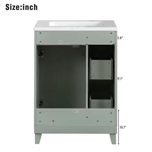 Alt view image 4 of 6 - 24-Inch Bathroom Vanity Cabinet with Ceramic Sink, 2 Drawers, 1 Door, Green Color
