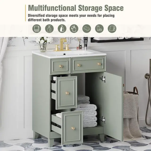 Alt view image 6 of 6 - 24-Inch Bathroom Vanity Cabinet with Ceramic Sink, 2 Drawers, 1 Door, Green Color