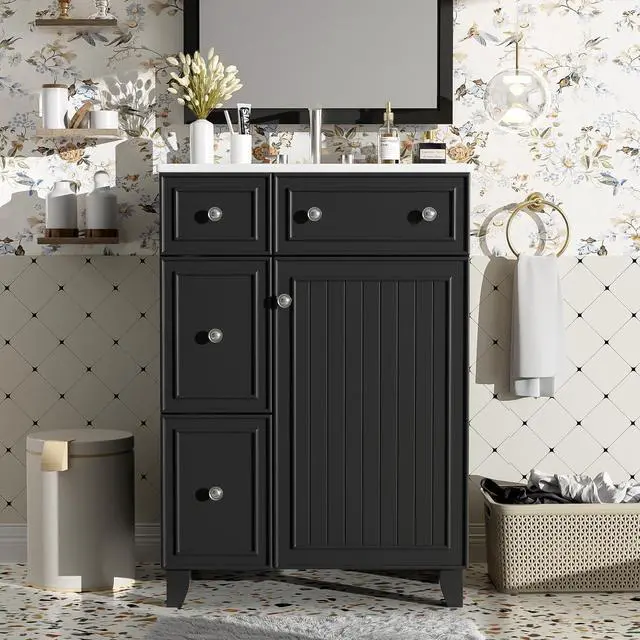 Main image of 24-Inch Bathroom Vanity Cabinet with Ceramic Sink, 2 Drawers, 1 Door, Black