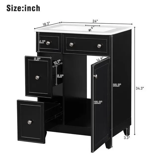 Alt view image 2 of 6 - 24-Inch Bathroom Vanity Cabinet with Ceramic Sink, 2 Drawers, 1 Door, Black