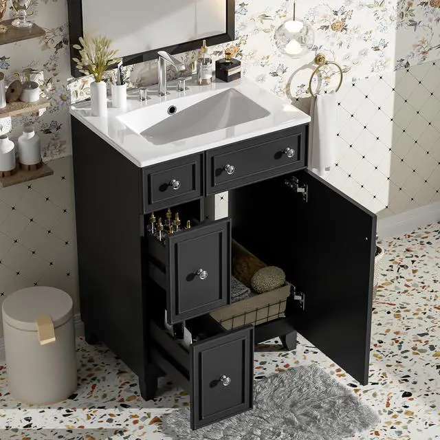 Alt view image 3 of 6 - 24-Inch Bathroom Vanity Cabinet with Ceramic Sink, 2 Drawers, 1 Door, Black