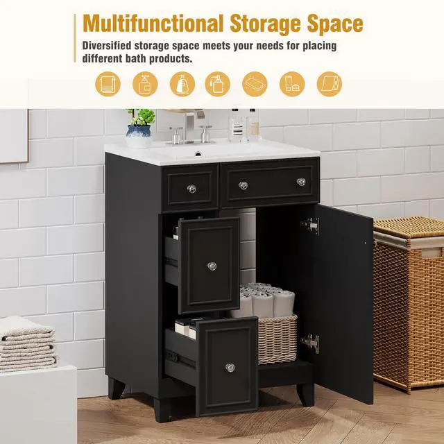 Alt view image 6 of 6 - 24-Inch Bathroom Vanity Cabinet with Ceramic Sink, 2 Drawers, 1 Door, Black