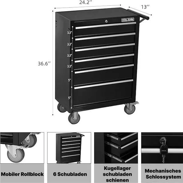 Alt view image 3 of 6 - Tool Cabinet Tool Cart 24.2inch with 6 Drawers and Wheels, Metal Rolling Tool Box Locked Drawers Storage Organizer Cabinet Suitable for Garage, Warehouse, Repair Shop, Workshop