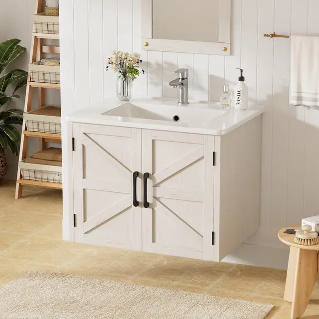 Main image of 24" Floating Bathroom Vanity with Sink, Farmhouse Bathroom Vanities with Ceramic Sink & 2 Cabinets, Wall Mounted Bathroom Sink Cabinet with Adjustable Shelf, No Faucet (Off White)