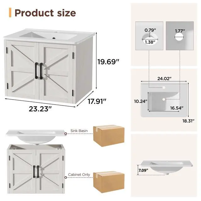 Alt view image 2 of 6 - 24" Floating Bathroom Vanity with Sink, Farmhouse Bathroom Vanities with Ceramic Sink & 2 Cabinets, Wall Mounted Bathroom Sink Cabinet with Adjustable Shelf, No Faucet (Off White)