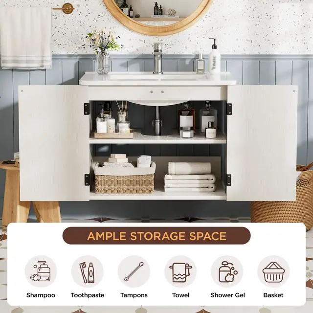 Alt view image 3 of 6 - 24" Floating Bathroom Vanity with Sink, Farmhouse Bathroom Vanities with Ceramic Sink & 2 Cabinets, Wall Mounted Bathroom Sink Cabinet with Adjustable Shelf, No Faucet (Off White)