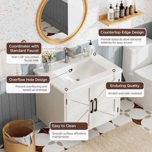 Alt view image 4 of 6 - 24" Floating Bathroom Vanity with Sink, Farmhouse Bathroom Vanities with Ceramic Sink & 2 Cabinets, Wall Mounted Bathroom Sink Cabinet with Adjustable Shelf, No Faucet (Off White)