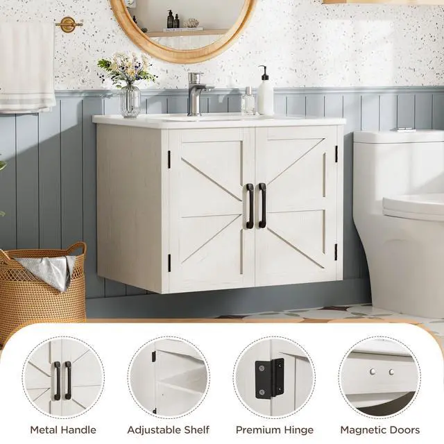 Alt view image 5 of 6 - 24" Floating Bathroom Vanity with Sink, Farmhouse Bathroom Vanities with Ceramic Sink & 2 Cabinets, Wall Mounted Bathroom Sink Cabinet with Adjustable Shelf, No Faucet (Off White)