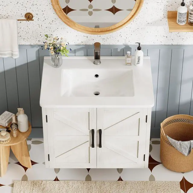 Alt view image 6 of 6 - 24" Floating Bathroom Vanity with Sink, Farmhouse Bathroom Vanities with Ceramic Sink & 2 Cabinets, Wall Mounted Bathroom Sink Cabinet with Adjustable Shelf, No Faucet (Off White)