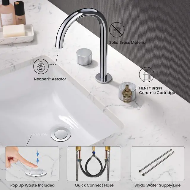Alt view image 4 of 6 - 8-Inch Widespread Bathroom Sink Faucet with Drain Assembly, Solid Brass 2-Handle 3-Hole Vanity Faucet, Chrome Finish, Corrosion Resistant Bathroom Faucet