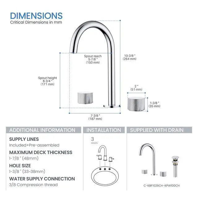 Alt view image 6 of 6 - 8-Inch Widespread Bathroom Sink Faucet with Drain Assembly, Solid Brass 2-Handle 3-Hole Vanity Faucet, Chrome Finish, Corrosion Resistant Bathroom Faucet