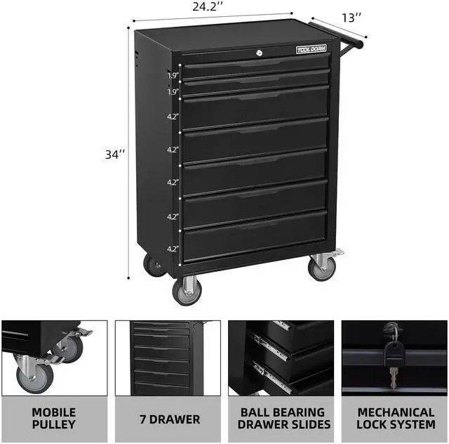 Alt view image 3 of 6 - Tool Box Rolling Tool Cabinets, 24.2inch Rolling Toolbox with 7 Drawers, Metal Tool Chest with Wheels Tool Cart for Garage, Warehouse, Repair Shop, Workshop