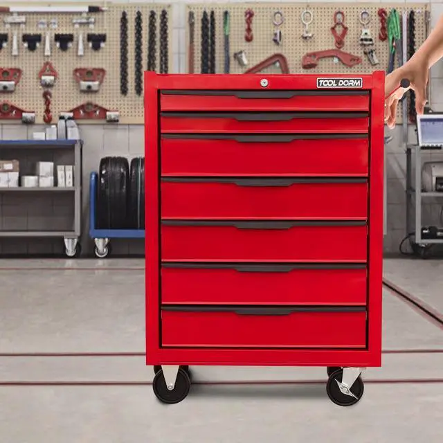 Alt view image 2 of 6 - 7-Drawer Rolling Tool Chest Cabinet, Large Capacity Metal Tool Box with Wheels and Keyed Locking, Roll Around Storage Organizer Tool Cart for Garage, Warehouse, Work Shop - Red
