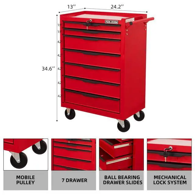 Alt view image 3 of 6 - 7-Drawer Rolling Tool Chest Cabinet, Large Capacity Metal Tool Box with Wheels and Keyed Locking, Roll Around Storage Organizer Tool Cart for Garage, Warehouse, Work Shop - Red