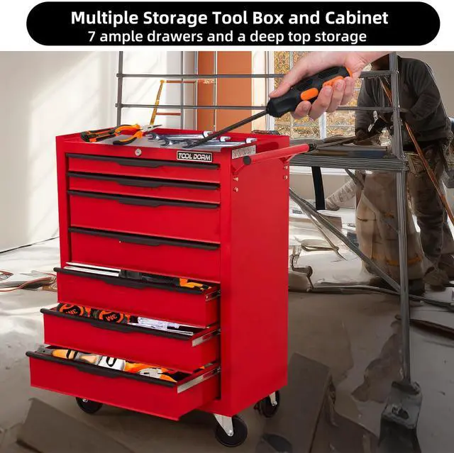 Alt view image 6 of 6 - 7-Drawer Rolling Tool Chest Cabinet, Large Capacity Metal Tool Box with Wheels and Keyed Locking, Roll Around Storage Organizer Tool Cart for Garage, Warehouse, Work Shop - Red
