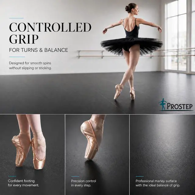 Alt view image 4 of 6 - ProStep by FlooringInc Reversible Marley Dance Floor Roll, Portable Roll Out Vinyl Dance Flooring for Ballet, Jazz, Modern, Home Studio Practice, 1.2mm Thick, 5.25' x 15' (78.75 sq ft), Black/Black