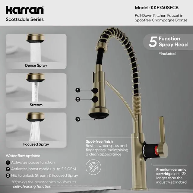 Alt view image 3 of 6 - Scottsdale Spot-Free Commercial Style Pull-Down Kitchen Faucet with Dual Interchangeable Spray Heads 5-Function Revolve MAX & 3-Function Revolve, High-Arc Design (Spot Free Champagne Bronze)