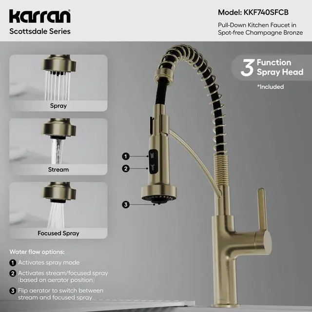 Alt view image 5 of 6 - Scottsdale Spot-Free Commercial Style Pull-Down Kitchen Faucet with Dual Interchangeable Spray Heads 5-Function Revolve MAX & 3-Function Revolve, High-Arc Design (Spot Free Champagne Bronze)