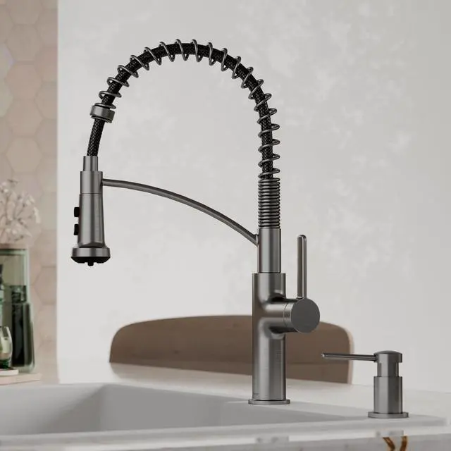 Alt view image 2 of 6 - Scottsdale Spot-Free Commercial Style Pull-Down Kitchen Faucet with Dual Interchangeable Spray Heads 5-Function Revolve MAX & 3-Function Revolve, High-Arc Design (Spot Free Gun Metal Grey)