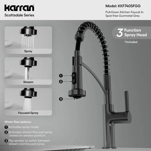 Alt view image 5 of 6 - Scottsdale Spot-Free Commercial Style Pull-Down Kitchen Faucet with Dual Interchangeable Spray Heads 5-Function Revolve MAX & 3-Function Revolve, High-Arc Design (Spot Free Gun Metal Grey)