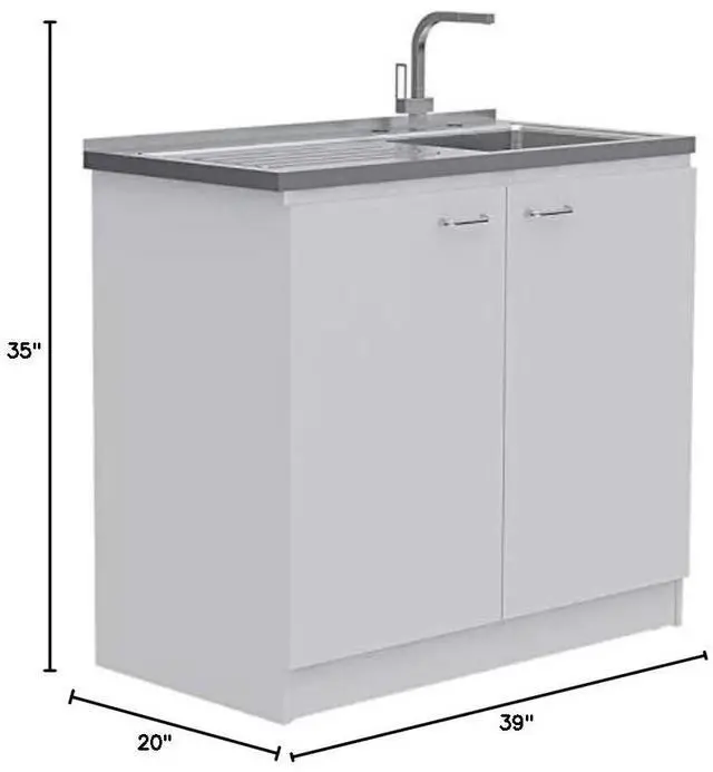 Alt view image 3 of 6 - Napoles 39 inch Utility Sink with Cabinet, Stainless Steel Countertop, Double Doors, Freestanding, White